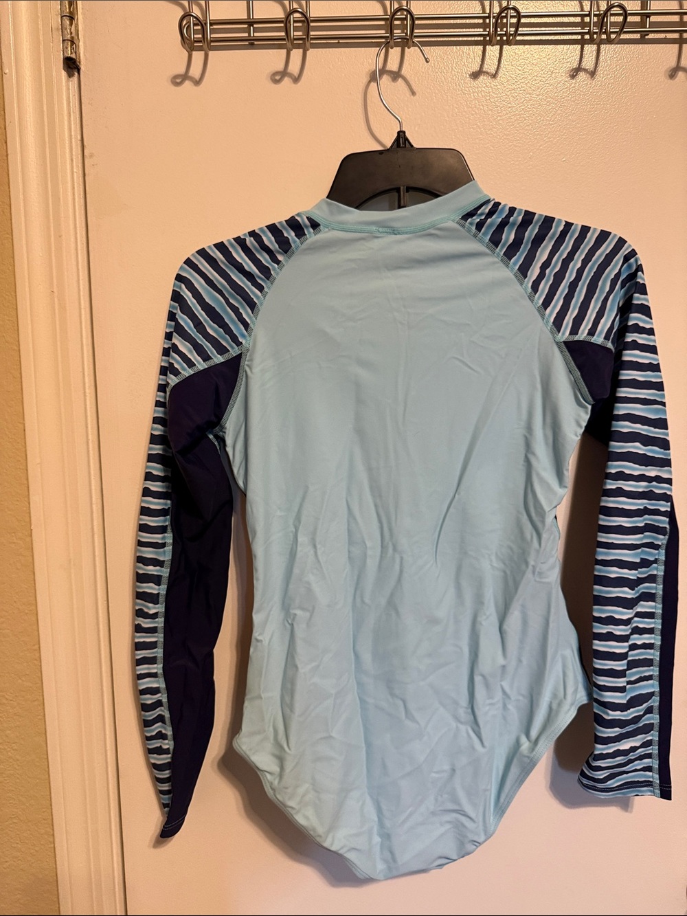 Women’s Long Sleeve One-Piece Rash Guard Swimsuit in Light Blue & Navy - Picture 3 of 7